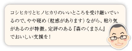 森のくまさんは、コシヒカリとヒノヒカリのいいところを受け継いでいるので、やや硬め(粒感があります)ながら、粘り気があるのが特徴。冷めても、そのおいしさは変わらず、お弁当にうれしいです!